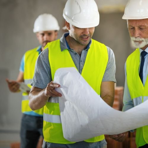 שלושה מהנדסים או מפקחי בנייה בוחנים יחד תוכניות בנייה באתר פרויקט, לבושים בקסדות ו-ווסטים בטיחותיים, מסמלים פיקוח צמוד וניהול פרויקטים בבנייה.